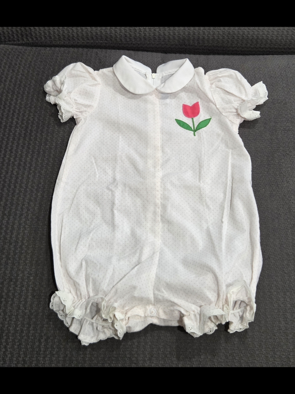Vintage White Baby Girl Romper with Pink Tulip